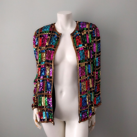 ⛔SOLD⛔ Vintage Rainbow Sequin Trophy Statement Jacket M - Picture 2 of 6